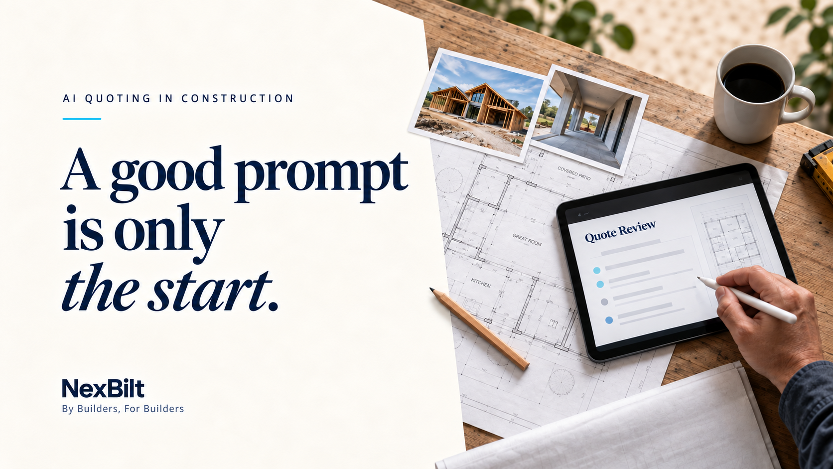 AI quoting in construction article cover showing plans and a quote review on a tablet