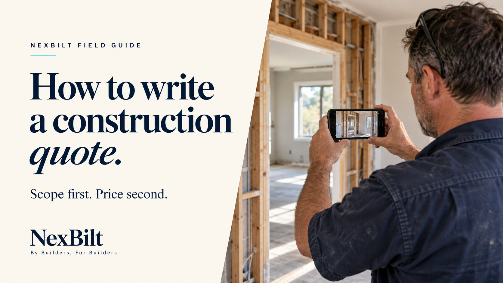 Builder photographing wall framing on site while writing a construction quote