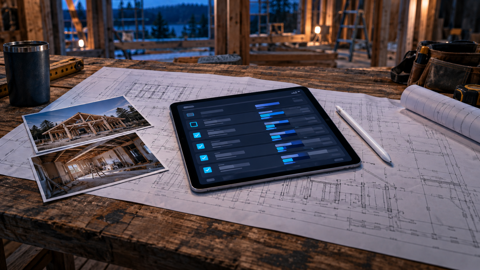 Builder reviewing a quote on a tablet next to construction plans and site photos